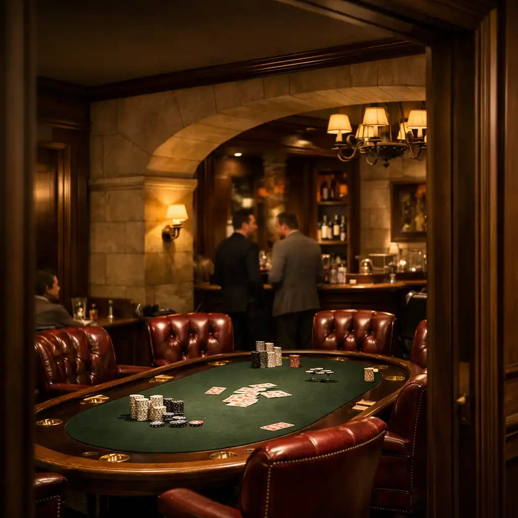 Intim budapesti Card Room fizikai pókerasztallal, oxblood bőrszékekkel és amber fényekkel