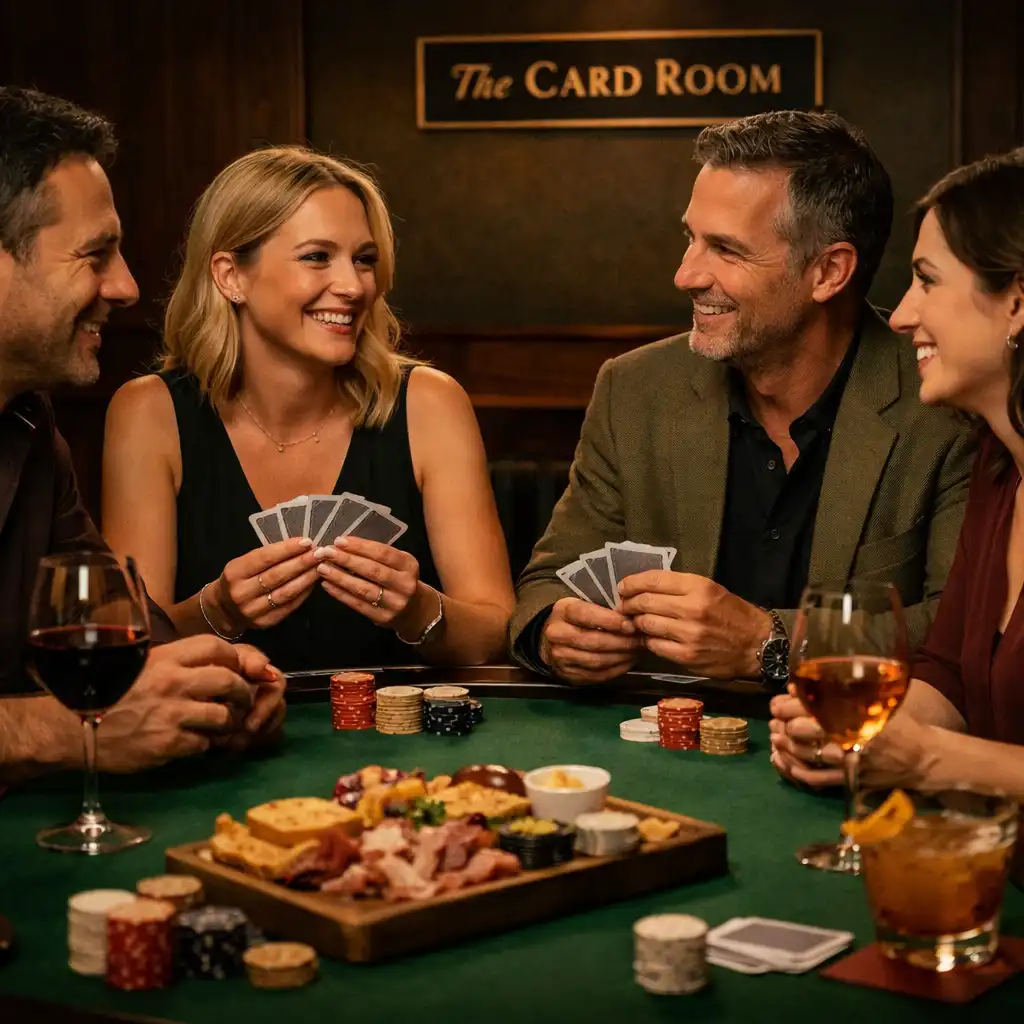 Négy vendég beszélget valódi kártyákkal, borral és koktéllal egy budapesti Card Room asztalánál