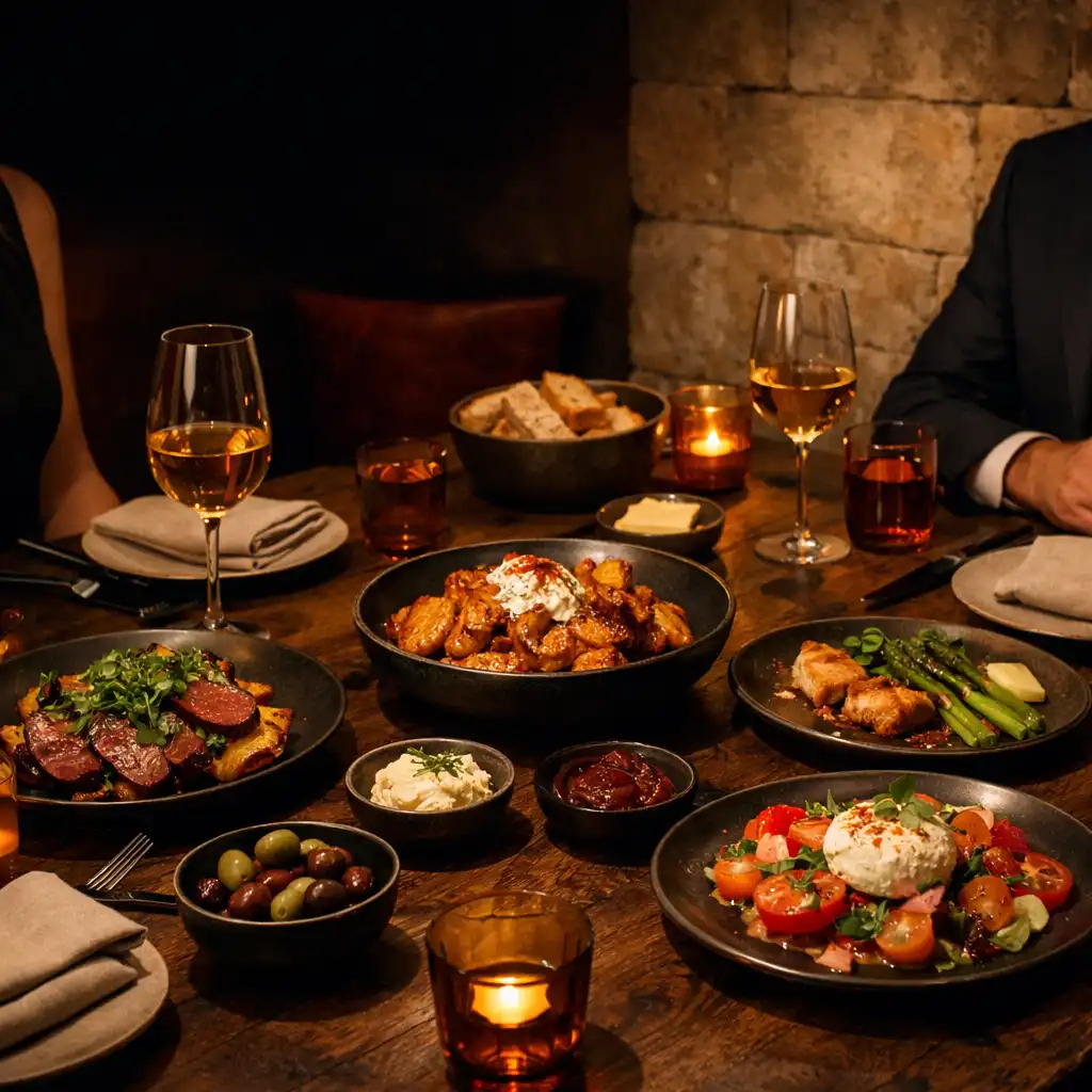 Megterített esti asztal szezonális tányérokkal a TableAndFlame-ben