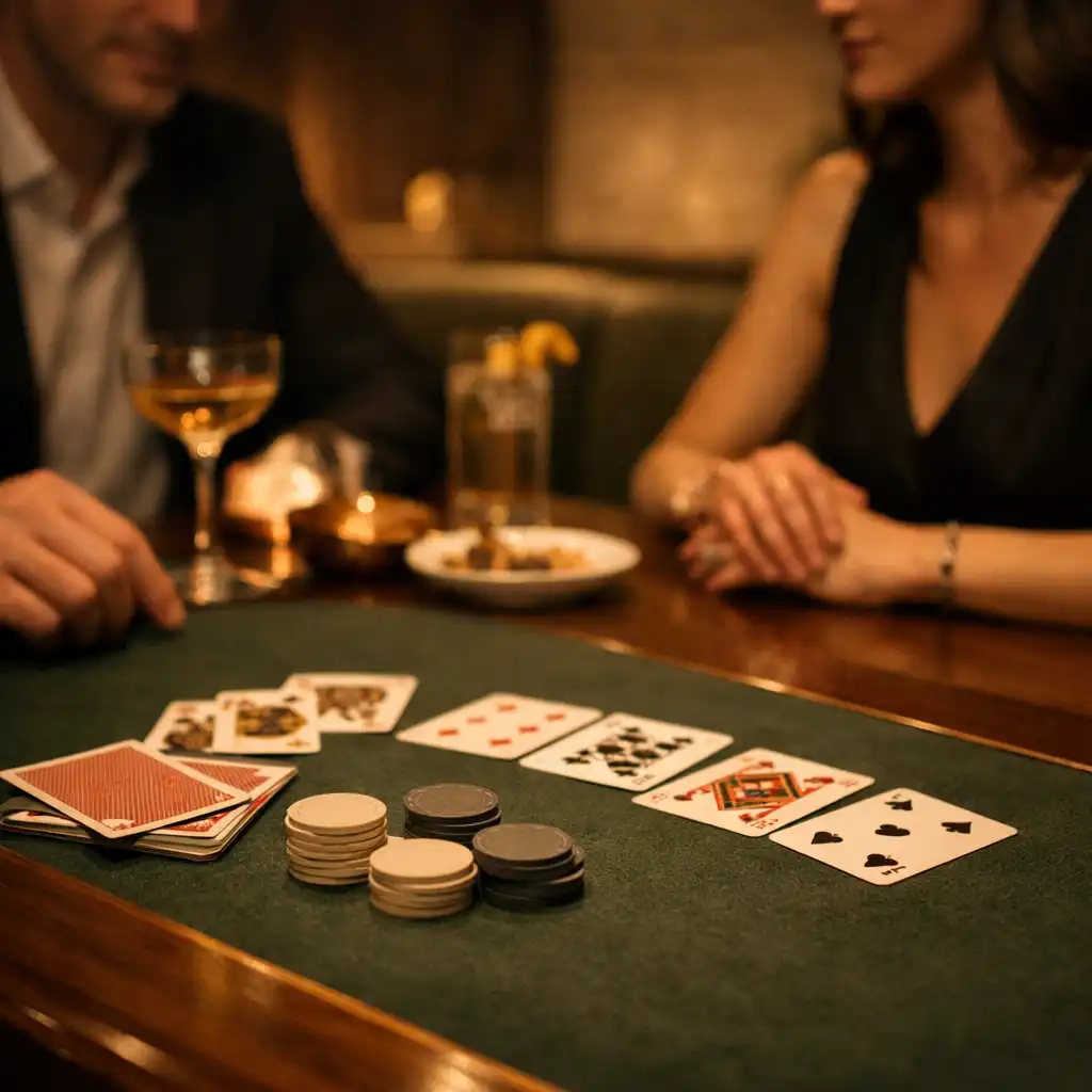 Valódi kártyák egy fizikai asztalon, vacsora utáni Card Lounge hangulatban
