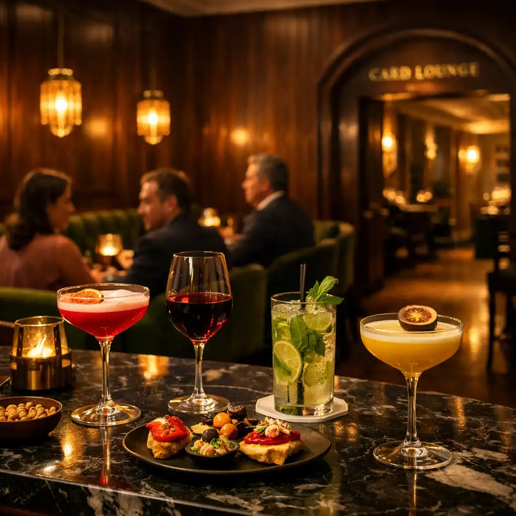 Koktélok és bor egy elegáns budapesti bárpulton, háttérben meleg fényű átjáró a Card Lounge felé
