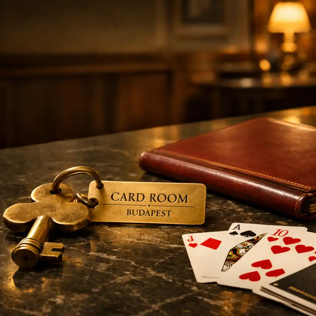 Patinás sárgaréz klubkulcs CARD ROOM / BUDAPEST gravírozott címkével, éttermi menüvel és valódi játékkártyákkal egy sötét mészkő pulton.