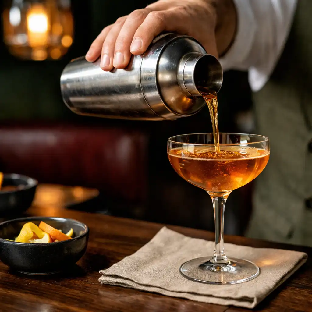 Bartender keze amber színű koktélt tölt a TableAndFlame bárpultjánál
