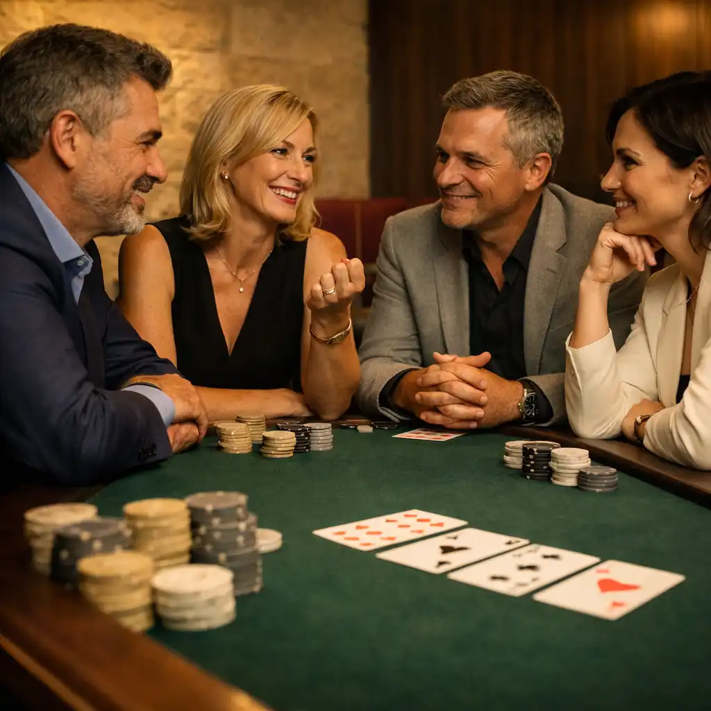 Elegáns vendégek valódi kártyákkal ülnek egy fizikai Card Room asztalnál